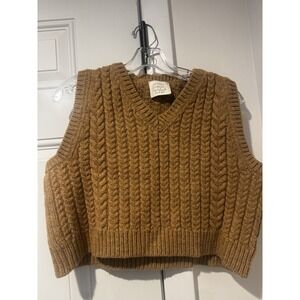 Loeffler Randall Women's Cropped Rhiannon Highland Wool Vest Brown Cableknit S